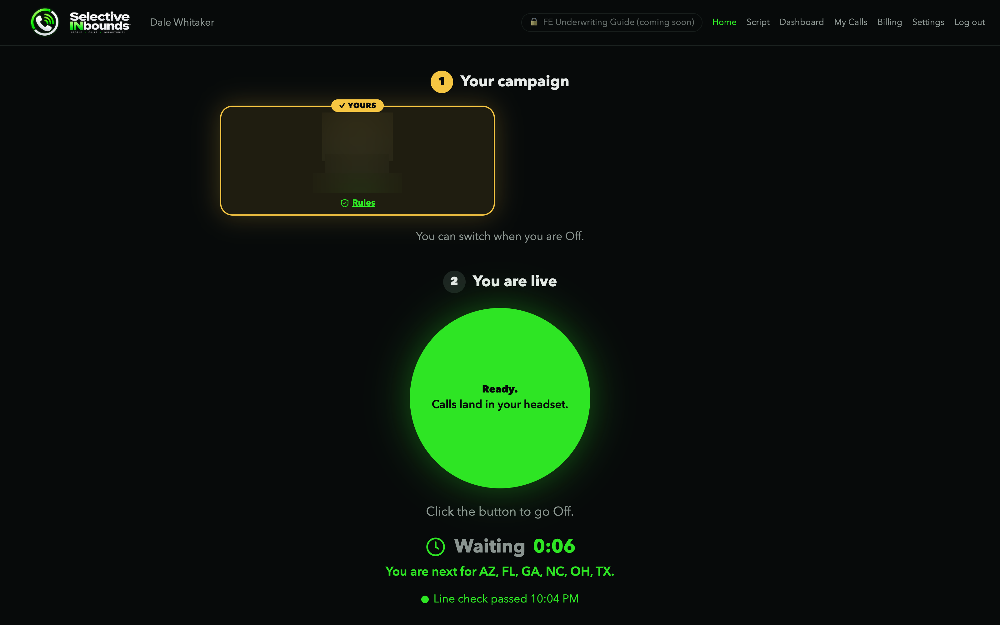 The Selective Inbounds Ready button, large and green