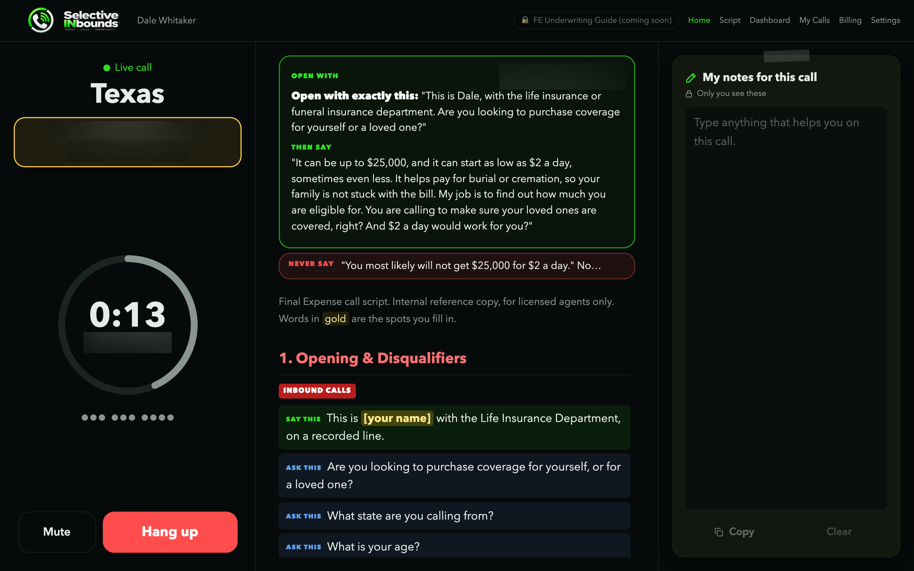 A live call screen showing a large timer ring
