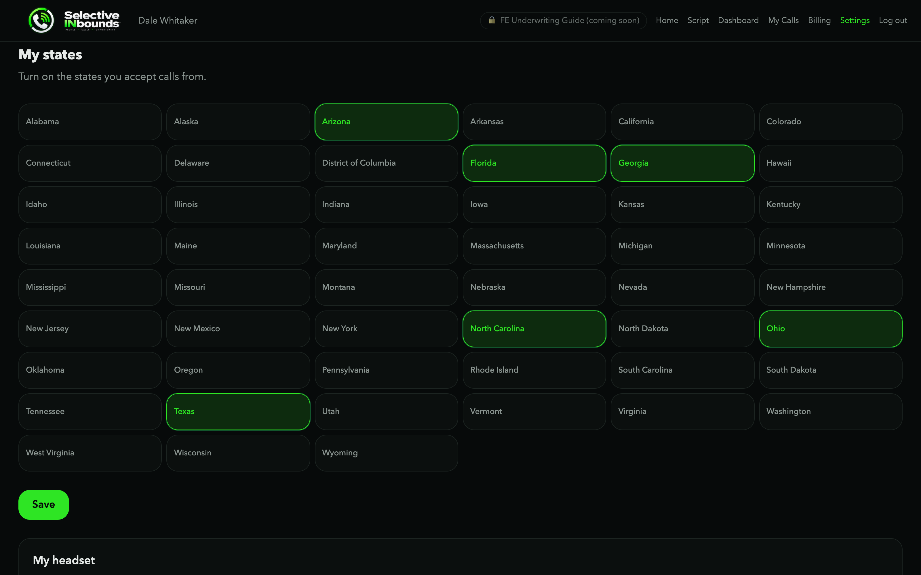 The licensed states picker with one tap per state