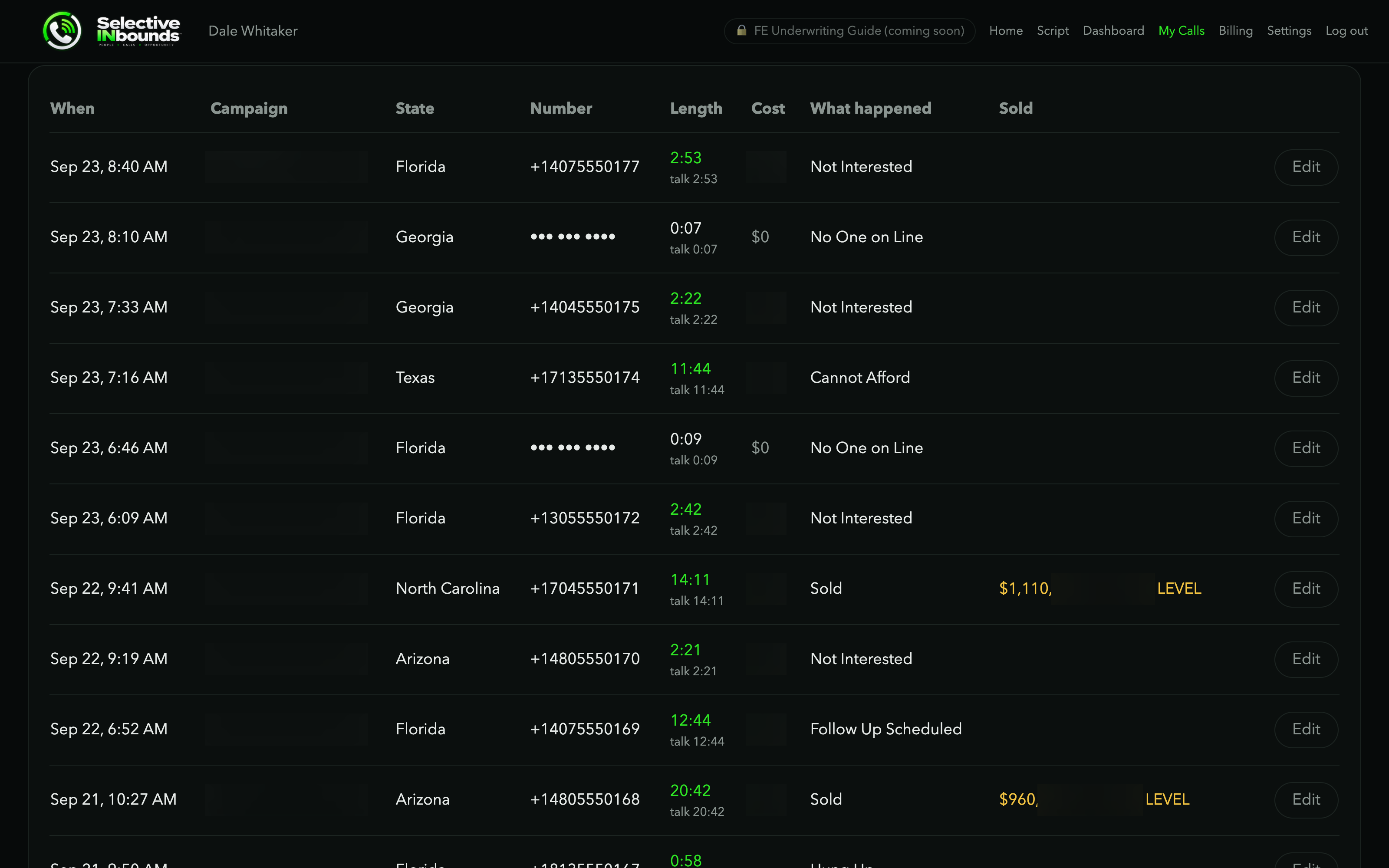 The My Calls list showing every call with its timings and disposition